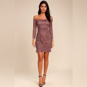 Lulu's Off the Shoulder Lace Lined Dress, Dusty Purple - Women's Size M